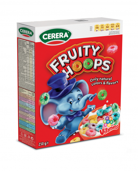 Cerera Fruity hoops cereální barevné kroužky 250g 