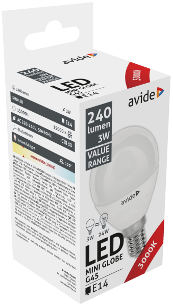 ABBMG14WW-3W: LED žárovka E14 3W 240lm teplá, ekv.24W