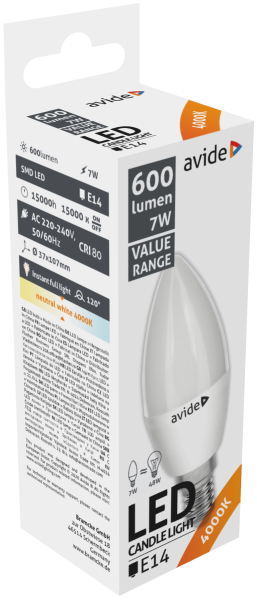 ABBC 14NW-7W: LED žárovka E14 7W 600lm teplá, ekv. 48W